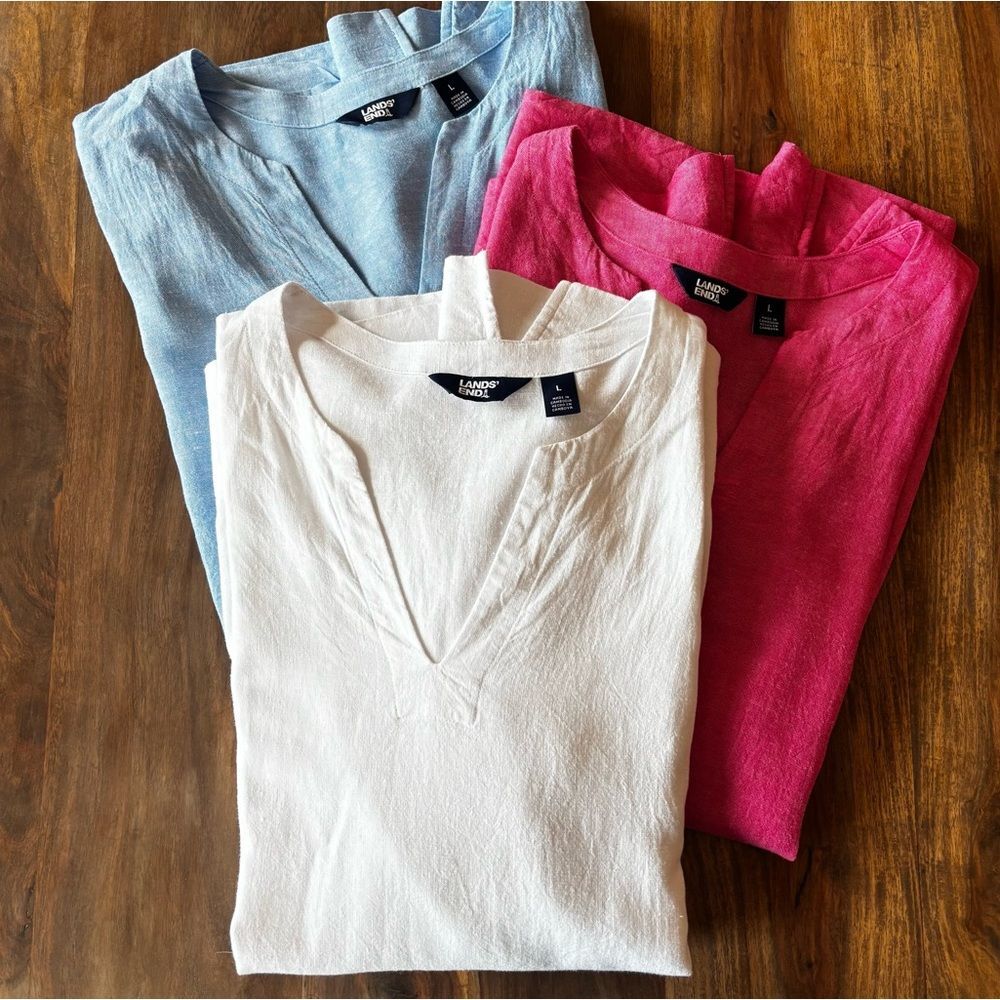 Set of 3 Lands’ End Top Women’s Linen Blend Tunic Tops, Pink, Blue, White